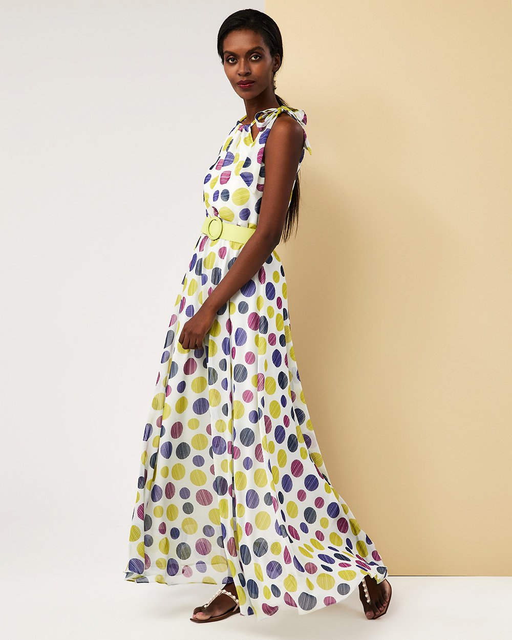 Φόρεμα μάξι παρτούς ώμους πολύχρωμα πουά